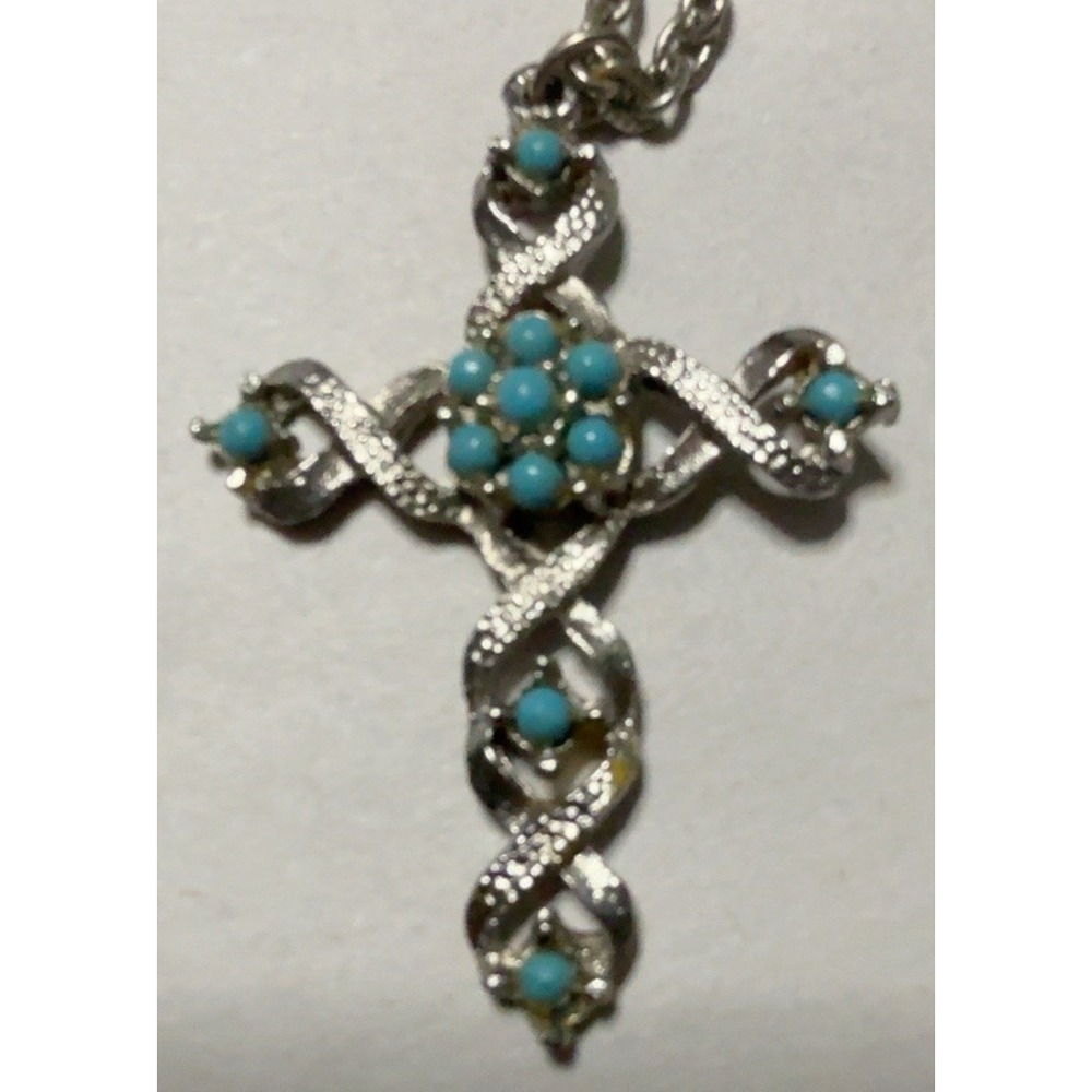 T20251-Vintage Silver Tone Turquoise Color Cross Necklace 24" Ornate Twisted